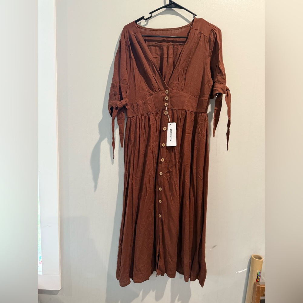 Brown Button-Down Midi Dress